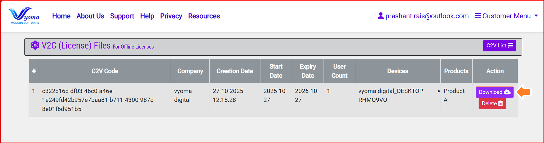 SaaS Portal Download V2C button 